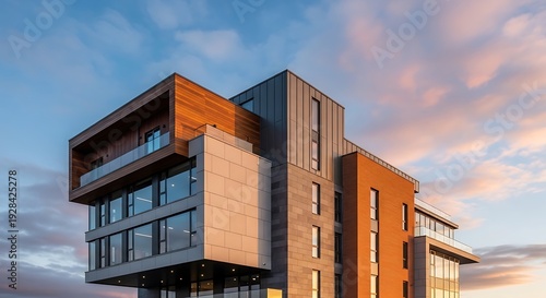 Modern building with layered design features, set against a colorful sunset sky