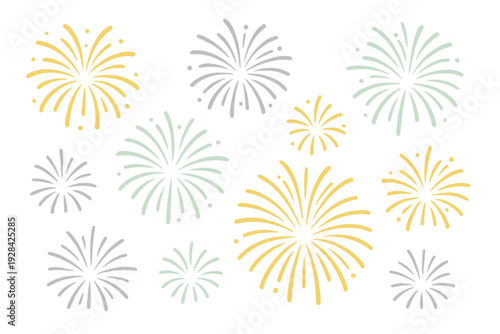 Hand-drawn fireworks in yellow, light green, and grey are scattered across a black background. This minimalist illustration captures the essence of a festive night sky celebration.