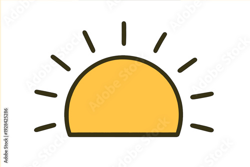 This minimalist illustration features a yellow semicircular sun with dark outlines and radiating rays set against a solid black background, depicting a sunrise or sunset.
