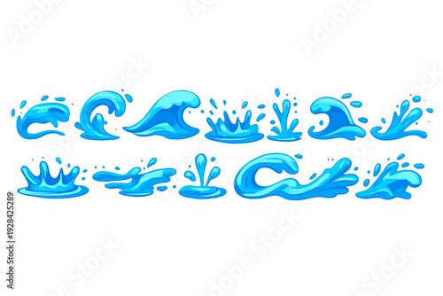 This set features multiple cartoon-style blue water splashes and waves. The illustrations show various liquid movements, including ripples and cresting waves on a black background.
