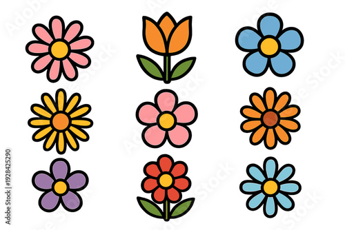 A collection of nine vibrant, flat style flower icons displayed in a grid against a solid black background. The set features diverse floral shapes and colors like pink, orange, and blue.