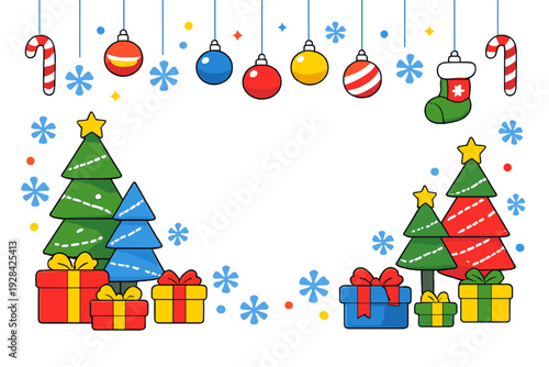 A festive Christmas frame featuring colorful cartoon trees, gift boxes, and hanging ornaments like baubles and candy canes on a black background with snowflakes and stars.