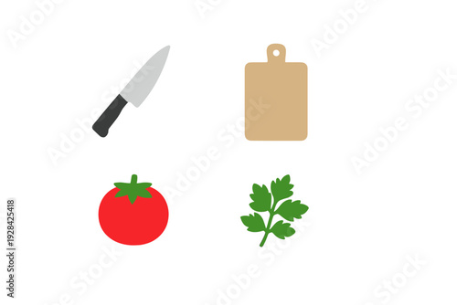 A flat illustration featuring a chef's knife, a wooden cutting board, a ripe red tomato, and a sprig of green parsley arranged on a solid black background for cooking concepts.