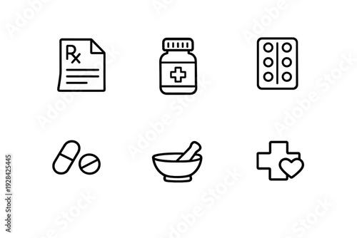 A collection of six white outline icons related to medicine and pharmacy on a black background, including a prescription, pill bottle, blister pack, capsule, mortar, and medical cross.