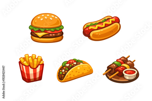 A collection of five stylized fast food illustrations including a burger, hot dog, french fries, taco, and meat skewers with sauce, isolated on a solid black background.
