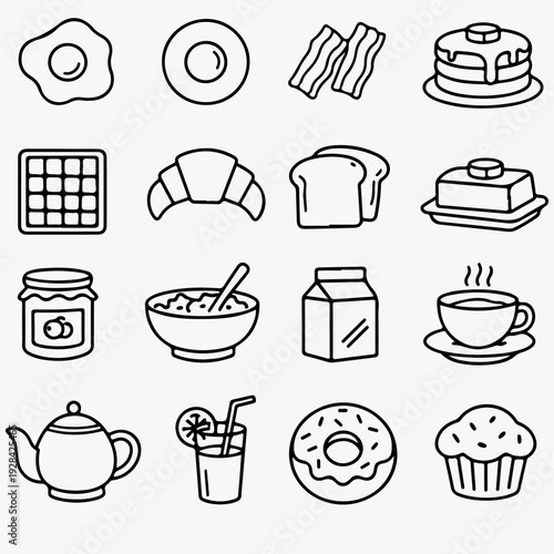 Breakfast food outline icon collection. Includes fried egg, sunny side up egg, bacon, pancakes, waffle, croissant, toast, butter, jam, cereal, milk, coffee, teapot, orange juice, donut