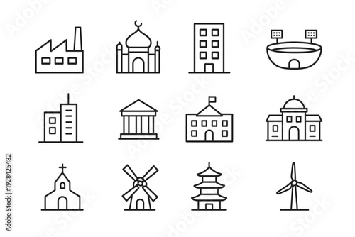 A collection of twelve minimalist line icons representing various architectural structures and buildings, including a factory, mosque, church, windmill, and stadium on a black background.