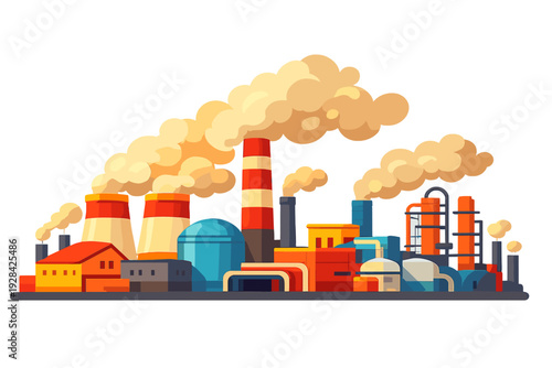 This flat vector illustration depicts a large industrial plant with various buildings, storage tanks, and tall smokestacks releasing thick plumes of smoke into the air.