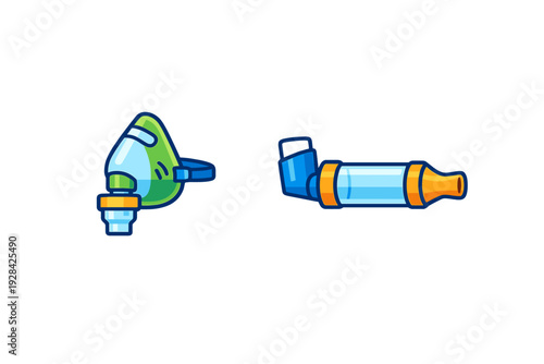 A colorful illustration featuring a medical nebulizer mask and an asthma inhaler with a spacer on a black background. These medical tools are used for respiratory treatment and care.