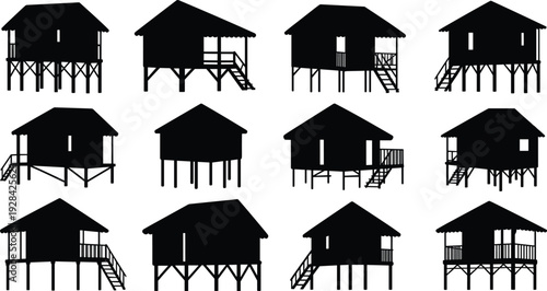 Stilt house silhouette collection, traditional wooden elevated homes with stairs and balcony isolated vector illustration set