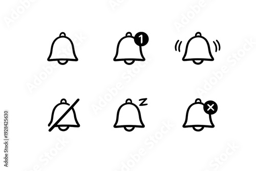 A collection of six minimalist notification bell icons in white outline on a black background, showing various states like ringing, muted, snoozed, and new alerts.