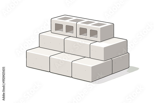 A stack of white concrete blocks arranged in three layers against a dark background. The top layer features two hollow-core cinder blocks while the lower layers are solid.