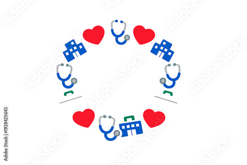 A circular frame composed of medical icons including stethoscopes, red hearts, blue hospital buildings, and white first aid kits, arranged on a solid black background.