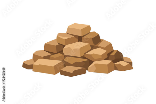 A cartoonish pile of brown stone blocks and bricks stacked in a heap. The illustration features various shades of tan and brown against a plain black background.