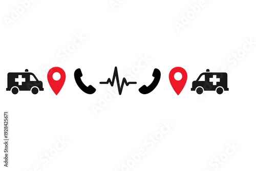 This graphic illustration shows a sequence of emergency service icons including ambulances, red map pins, phone symbols, and an EKG heartbeat line against a black backdrop.