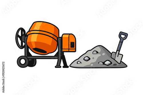 This vector graphic features a bright orange cement mixer machine positioned beside a mound of grey gravel with a shovel stuck in it, all isolated on a dark black background.