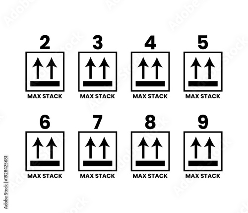 Cardboard Box Stacking Number Instruction Icons Vector Set. maximum stack  limit packaging icon