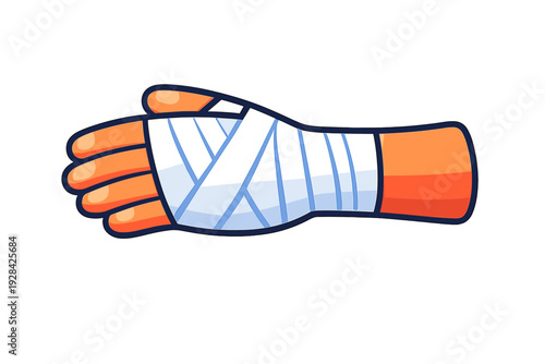 A cartoon illustration of a human hand and wrist wrapped in a white medical bandage. The hand is shown against a solid black background with fingers visible and a clean outline.