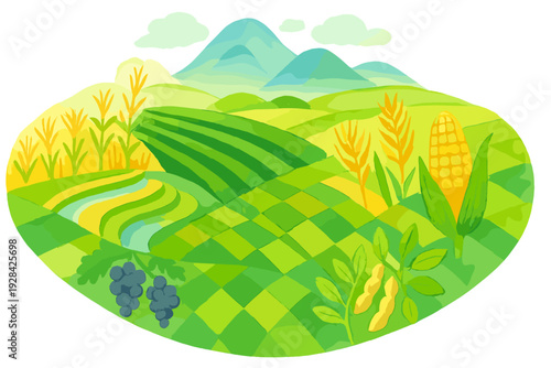 A vibrant watercolor illustration of a rural landscape featuring rolling green hills, checkered farm fields, corn stalks, grapes, and soybeans under a blue mountain range.