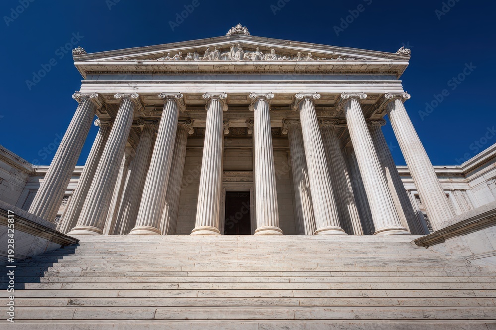 Fototapeta premium Architectural portrait of a white marble monument showcasing Ionic capitals