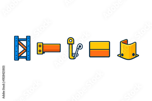 This set of five flat vector icons depicts various components of industrial warehouse shelving systems, such as upright frames, beams, and safety pins, on a black background.