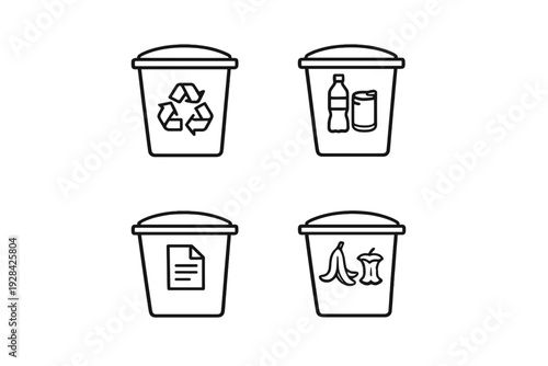 A set of four minimalist white line icons on a black background depicting different waste bins for recycling paper, plastic bottles, cans, and organic food scraps.