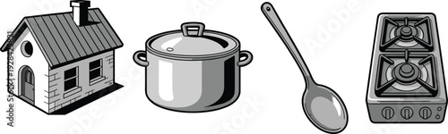 Monochrome kitchen and home appliance icon collection featuring house, cooking pot, ladle spoon and gas stove vector illustration