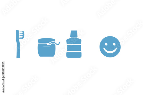 This image features four light blue icons on a black background showing a toothbrush, dental floss, a bottle of mouthwash, and a smiling face to represent oral health.