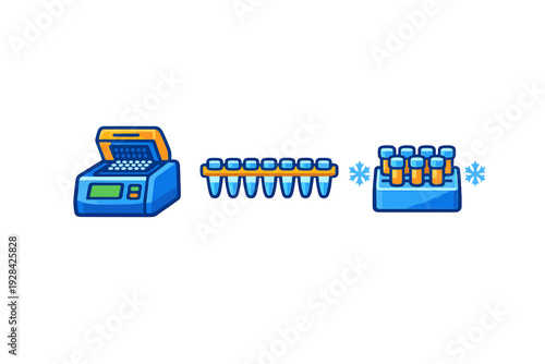 This illustration features a blue thermal cycler, a row of small laboratory tubes, and a cooling block containing several vials, representing molecular biology processes.