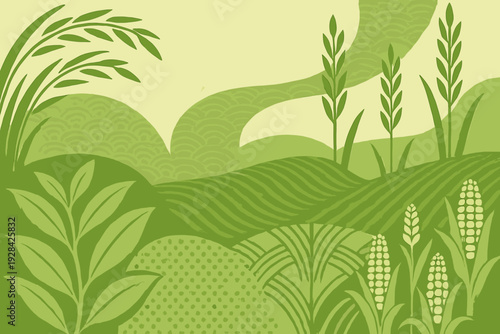This green graphic illustration depicts a diverse agricultural landscape with stylized crops including corn and wheat stalks set against rolling hills and patterned fields.