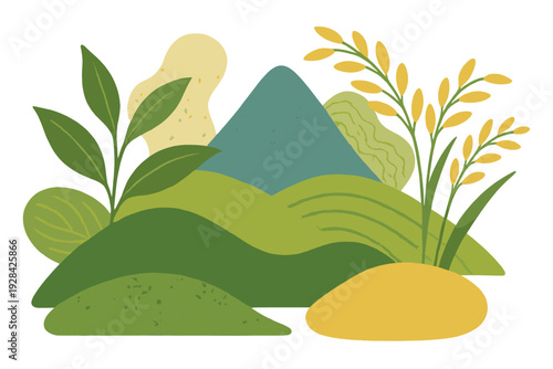 A stylized flat illustration of a natural landscape featuring rolling green hills, a blue mountain, a leafy green plant, and golden stalks of grain against a black background.