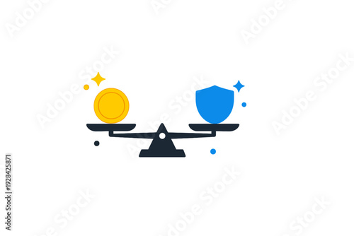 A flat vector illustration features a balance scale holding a yellow coin and a blue shield, symbolizing the equilibrium between financial gain and protection on a dark background.