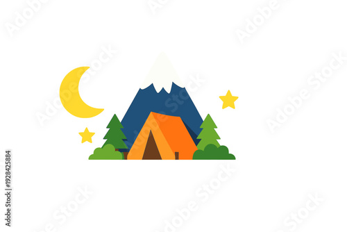 A flat vector illustration depicts a camping scene at night with an orange tent, a snow-capped mountain, a crescent moon, stars, and pine trees against a dark background.