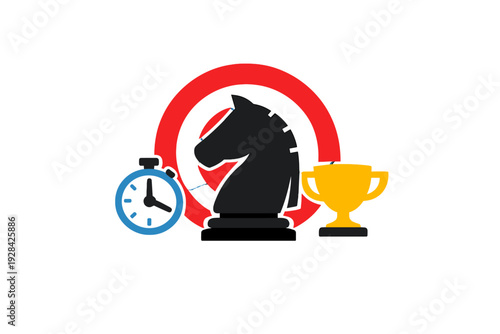 Vector illustration featuring a black chess knight in front of a red target, with a blue stopwatch and a golden trophy on the sides, all set against a solid black background.