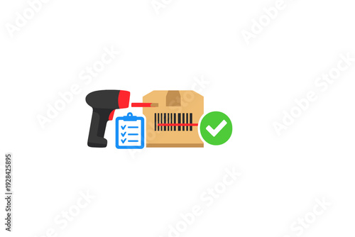 A handheld barcode scanner reads a code on a cardboard box next to a blue checklist and a green checkmark icon, representing inventory management and logistics on a black background.