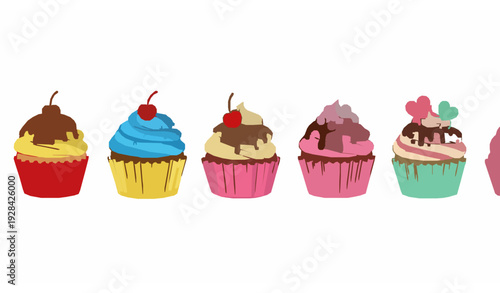 Colorful Sweet Frosted Cupcakes Vector Collection in Flat Cartoon Style Isolated on White