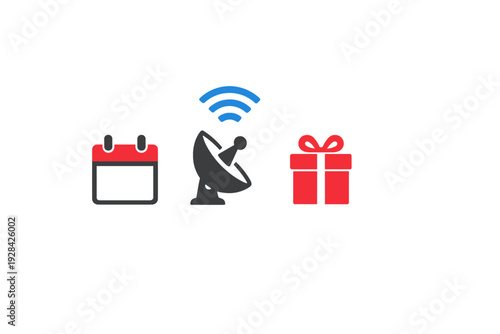 A set of three minimalist icons featuring a red and black calendar, a grey satellite dish with blue signal waves, and a red gift box on a plain black background.