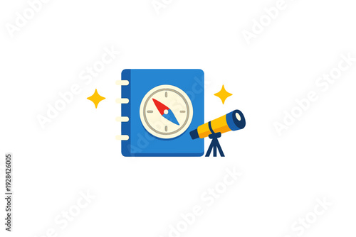 A flat illustration of a blue notebook featuring a compass on its cover, accompanied by a small yellow telescope on a tripod and two bright stars against a black background.