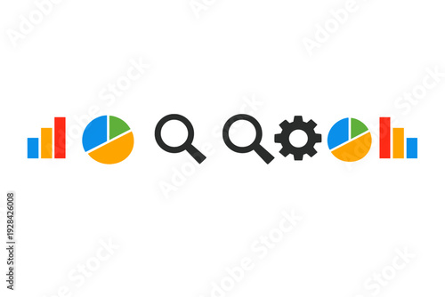 A horizontal sequence of colorful business icons including bar graphs, pie charts, magnifying glasses, and a gear icon arranged on a plain black background for data analysis.