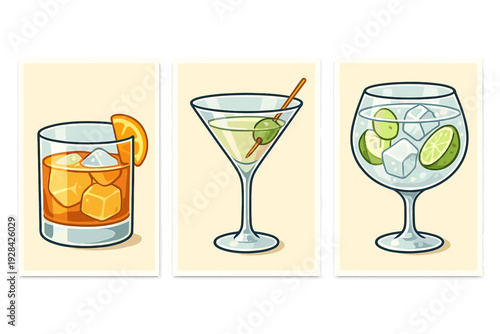 A set of three illustrated panels featuring a whiskey cocktail with orange, a martini with a green olive, and a gin and tonic with lime and cucumber slices on ice.