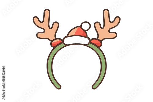 This digital illustration shows a green holiday headband decorated with light brown reindeer antlers and a miniature red Santa hat, perfect for festive seasonal graphic projects.