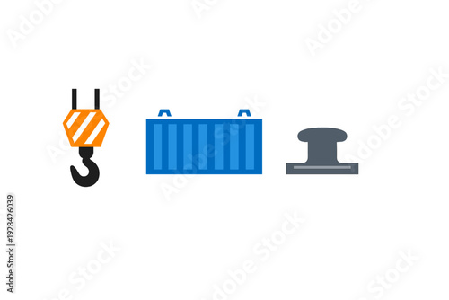 Three flat vector icons representing maritime logistics and shipping, including an orange crane hook, a blue cargo container, and a grey mooring bollard on a black background.
