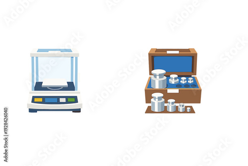 A 3D illustration of a digital analytical balance next to a wooden box containing a set of metal calibration weights, isolated on a black background for laboratory or scientific use.