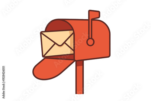 This flat illustration features a red mailbox with its door open, revealing a single cream envelope inside. The mailbox flag is raised, and the image has a clean, simple design.