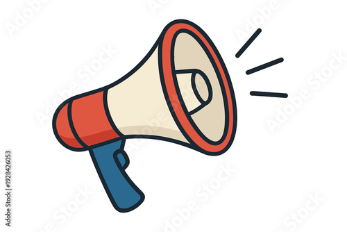 This vector illustration features a red and white megaphone with a blue handle. Three black lines represent sound waves coming from the bullhorn on a dark background.