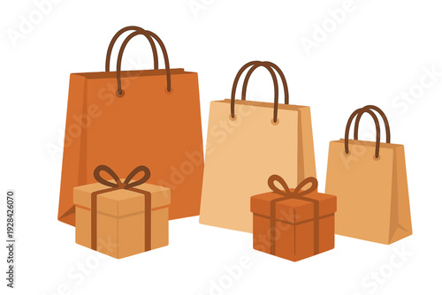 This illustration features three paper shopping bags and two gift boxes with bows in warm orange and tan tones, arranged together on a solid black background for retail themes.