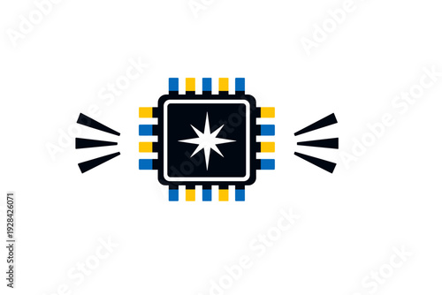A stylized graphic of a computer chip with alternating blue and yellow pins on a black background. A white eight-pointed star is centered within the processor icon.