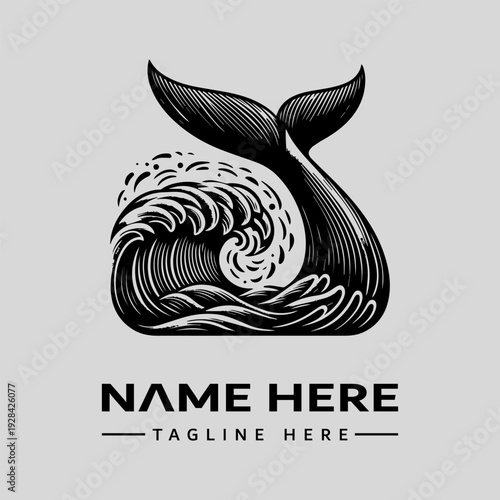 A black and white illustration of a whale tail with a wave, accompanied by placeholder text for a name and tagline, presented in a vintage engraving style on a light gray background.