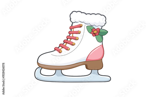 This cartoon illustration shows a white ice skate with pink laces, a fluffy white collar, and a small red flower detail on a black background. It has a brown sole and a light blue blade.