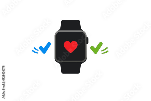 This illustration features a black smartwatch with a red heart symbol on the display. A blue checkmark and a green checkmark are positioned on either side against a dark backdrop.